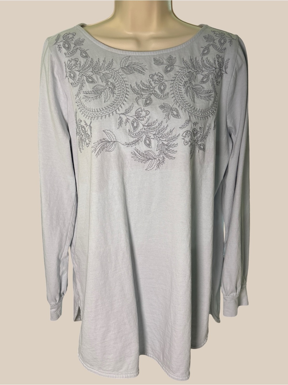 Pure Jill Women’s Embroidered Neckline Tunic, Light Blue, Boho Minimalist, SZ M
